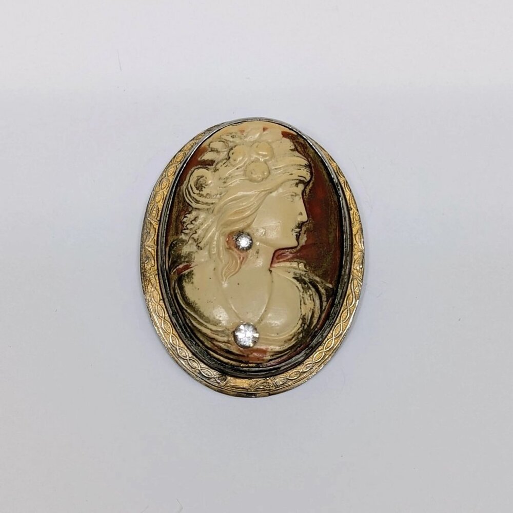 Antique Vintage Victorian Celluloid Rhinestone Gold Cameo Brooch Pin Goddess